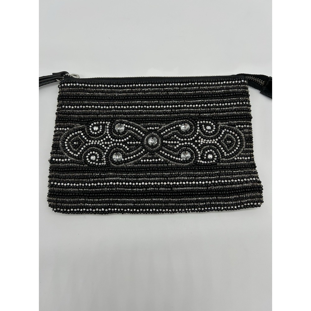 White House Black Market Black Beaded Evening Womens Wristlet Makeup Bag - Picture 2 of 9
